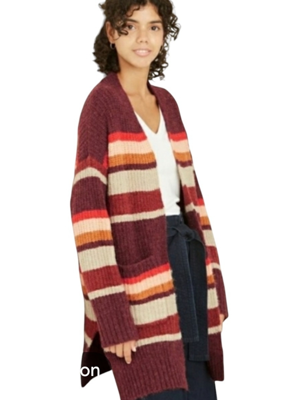 Cozy Striped Open-Front Cardigan in Maroon